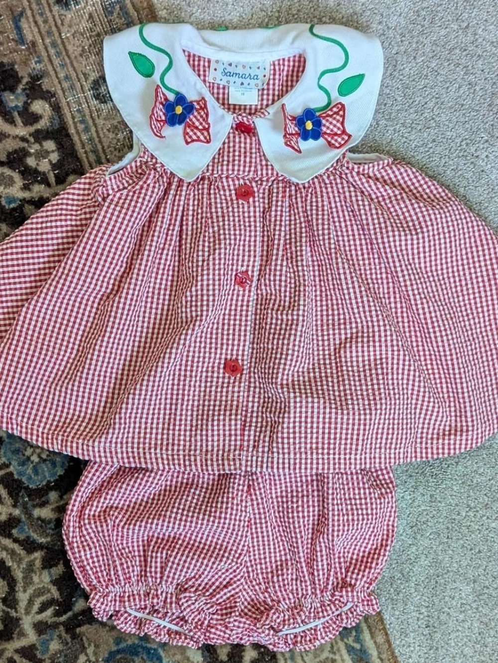 Vintage Red Gingham Flower Baby Girl Dress and Bloomers